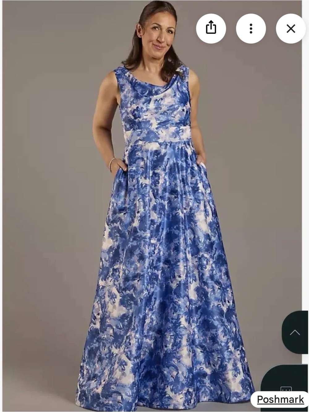 David’s Bridal Oleg Cassini Floral Print Cowl Neck Sleeveless Ball Gown